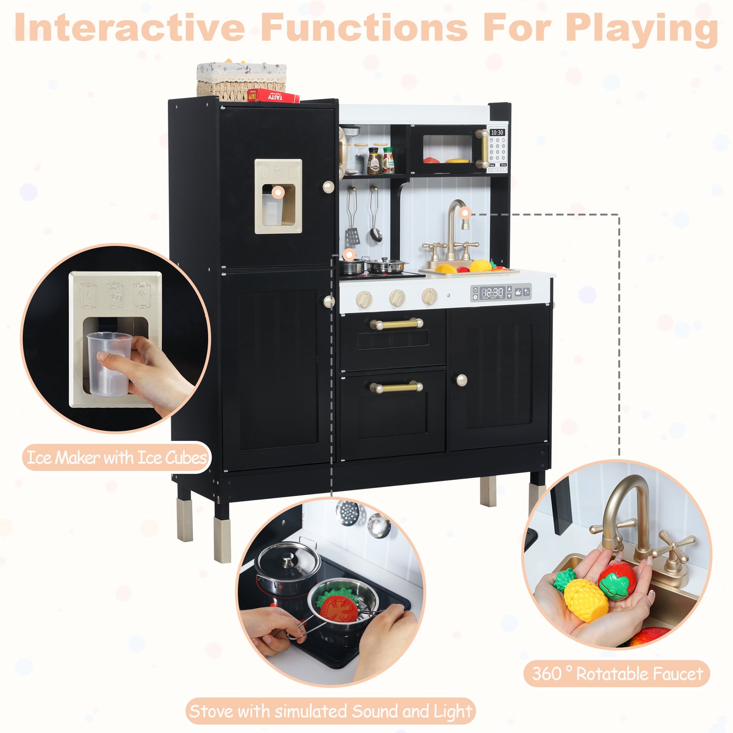 AILEEKISS Wood Kids Play Kitchen, Pretend Toy Kitchen Playset for Children with Sounds, Black