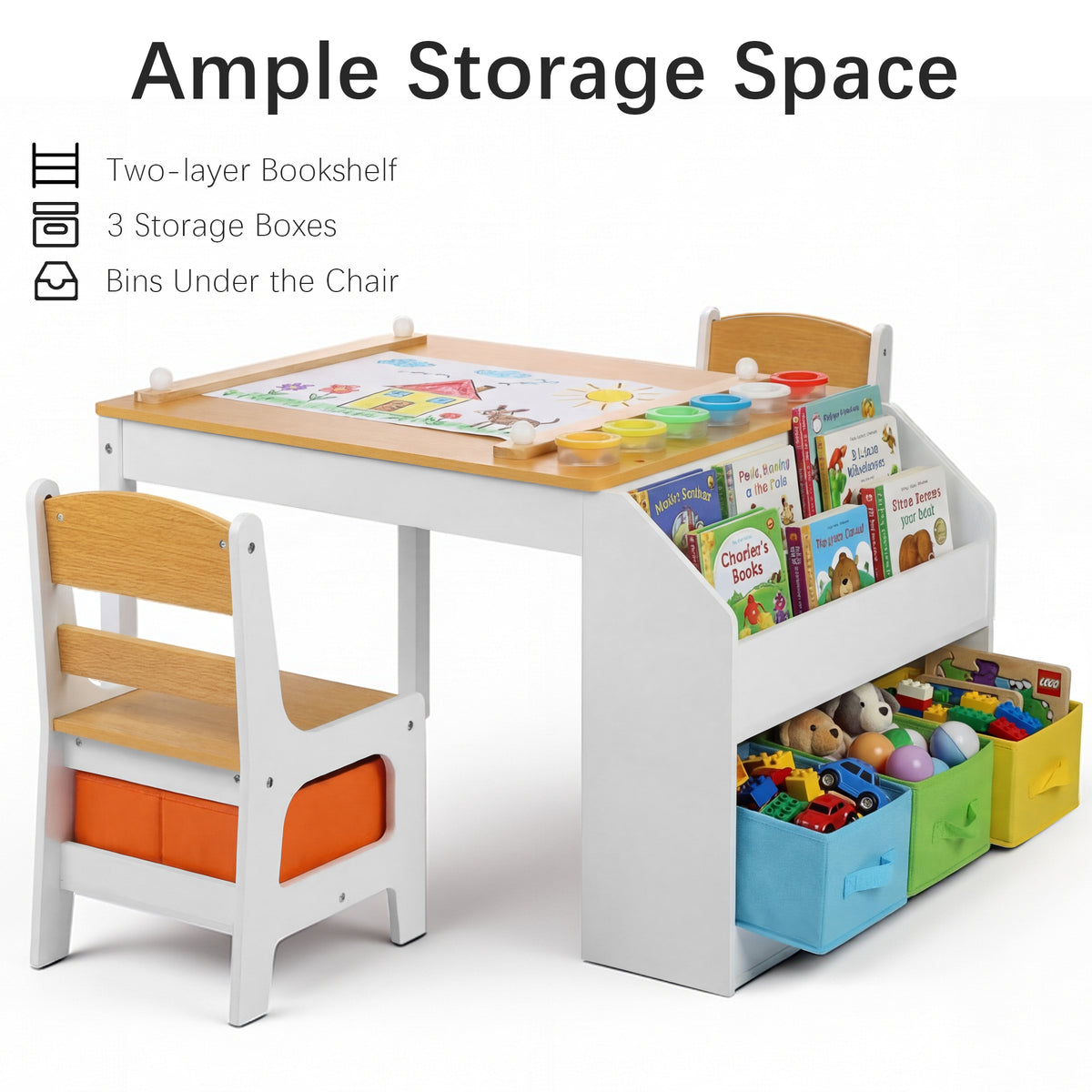 AILEEKISS Kids Table and Chair Set,Children Play Activity Desk for Drawing with 3 Drawers, Natural