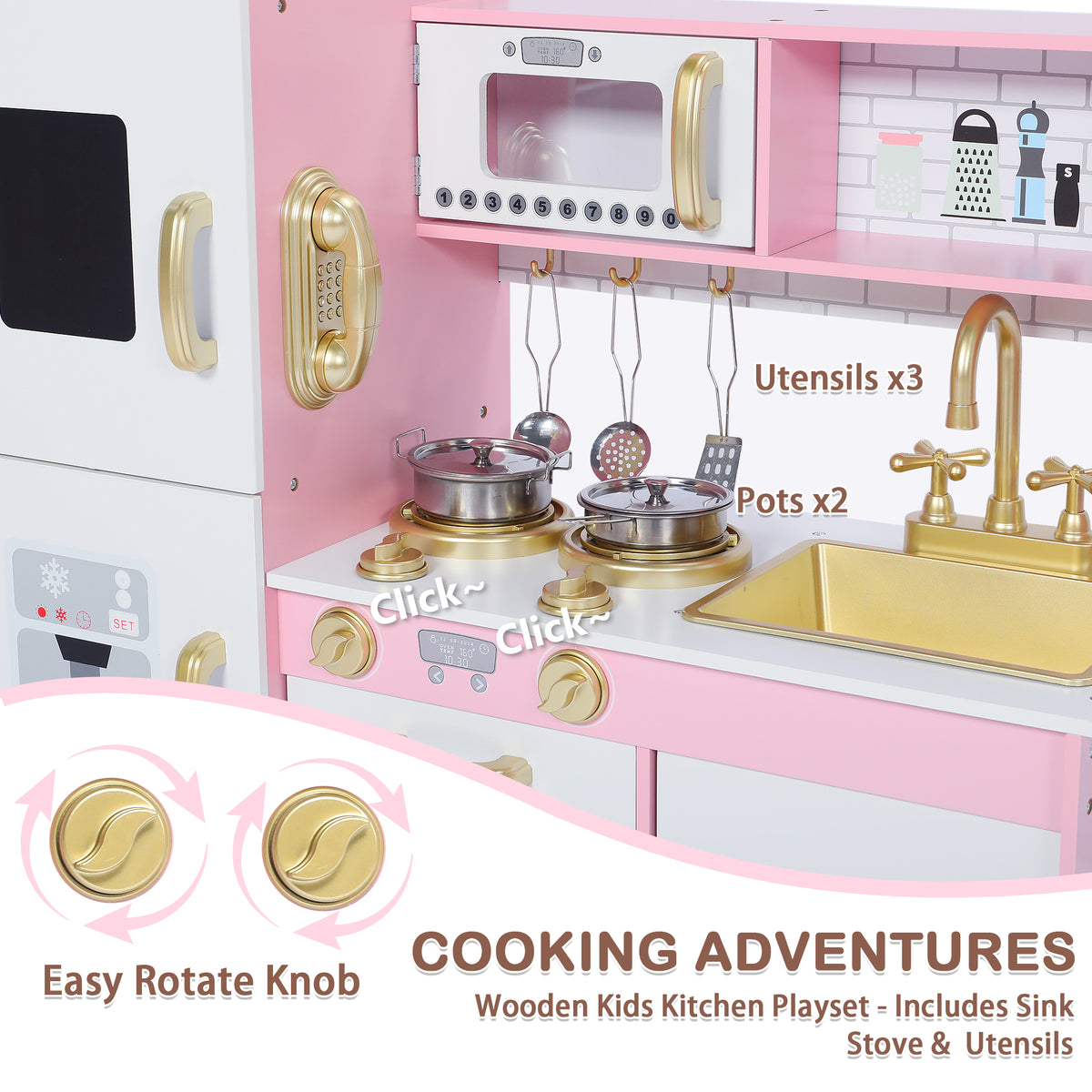 AILEEKISS Kids Play Kitchen Set, Wood Kitchen Playset for Toddler with Accessories, Gold Pink