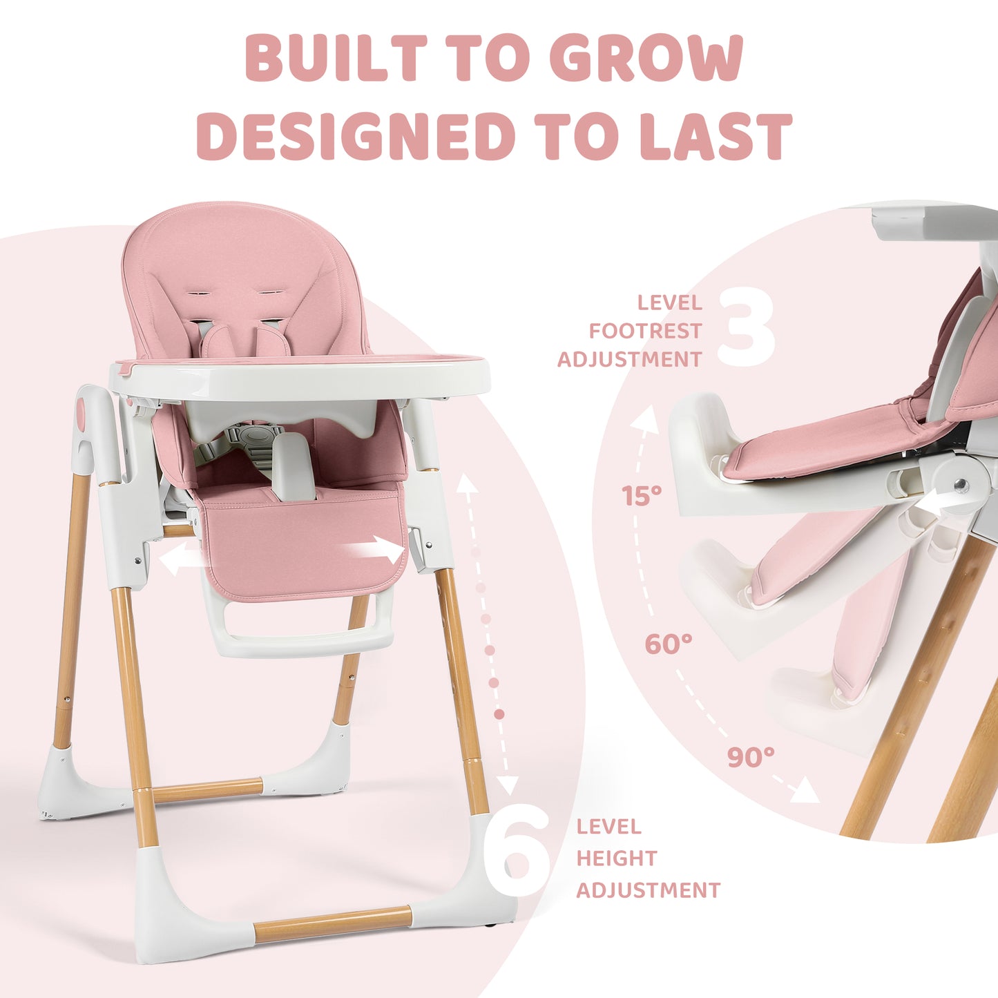 AILEEKISS Foldable High Chair for Baby, Toddler Eating Chair with Detachable Double Trays, Natural Pink