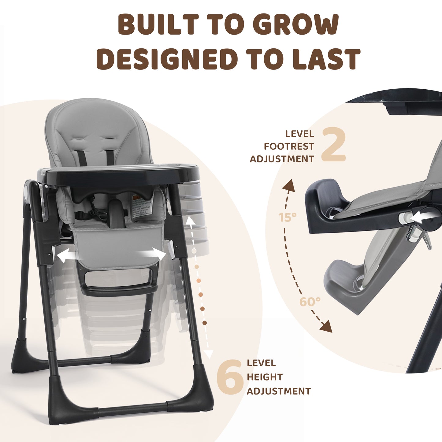 AILEEKISS Foldable High Chair for Baby, Toddler Eating Chair with Detachable Double Trays, Grey