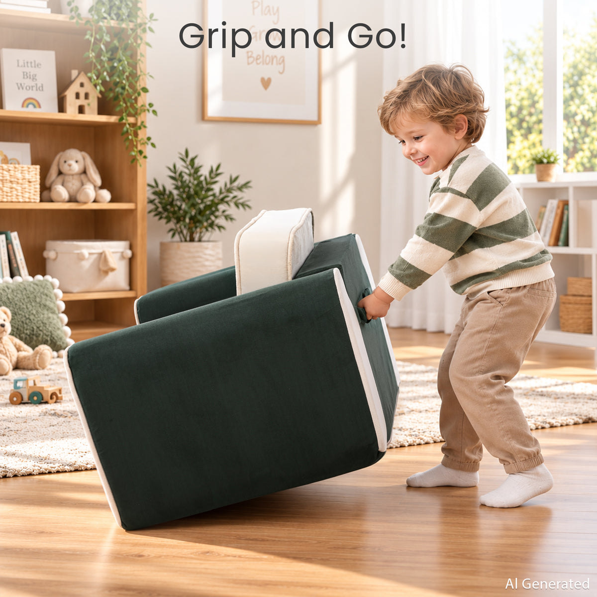 AILEEKISS 2-in-1 Toddler Sofa Chair, Foldable Kids Couch Flip Open Bed for Playroom, Beige Green