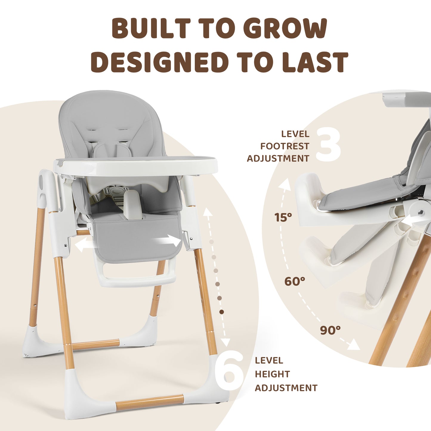 AILEEKISS Foldable High Chair for Baby, Toddler Eating Chair with Detachable Double Trays, Natural Grey