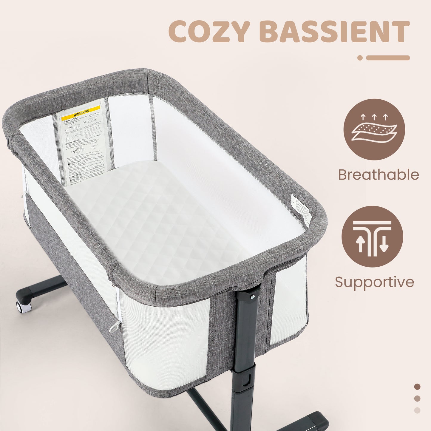 AILEEKISS Baby Bassinet Bedside Sleeper, Height Adjustable Newborn Baby Bassinet with Wheels, Grey