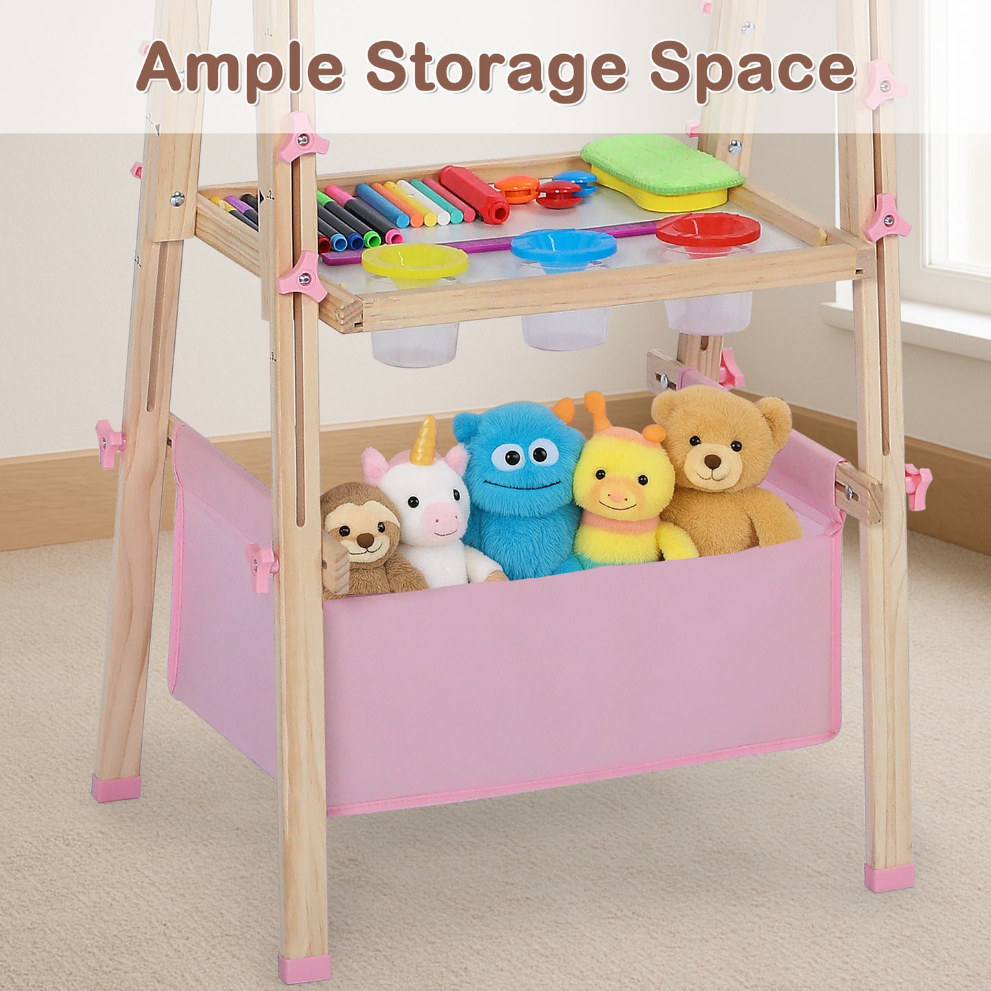 LINLUX Double-Sided Art Easel for Kids, 3 in 1 Wooden Kids Easel w/Paper Roller & Art Supplies, Pink