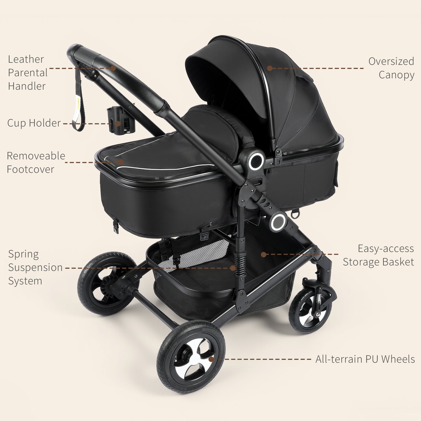 AILEEKISS 3 in 1 Convertible Baby Stroller, Unisex Folding Newborn Stroller with Big Seat, Black
