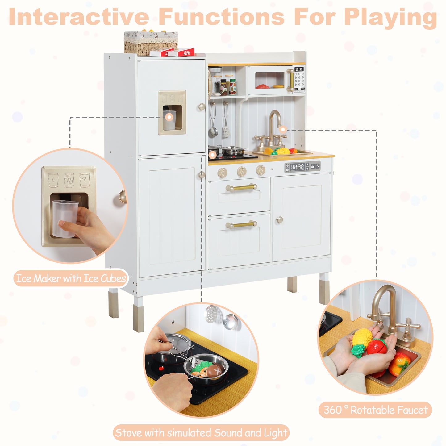 AILEEKISS Wood Kids Play Kitchen, Pretend Toy Kitchen Playset for Children with Sounds, White