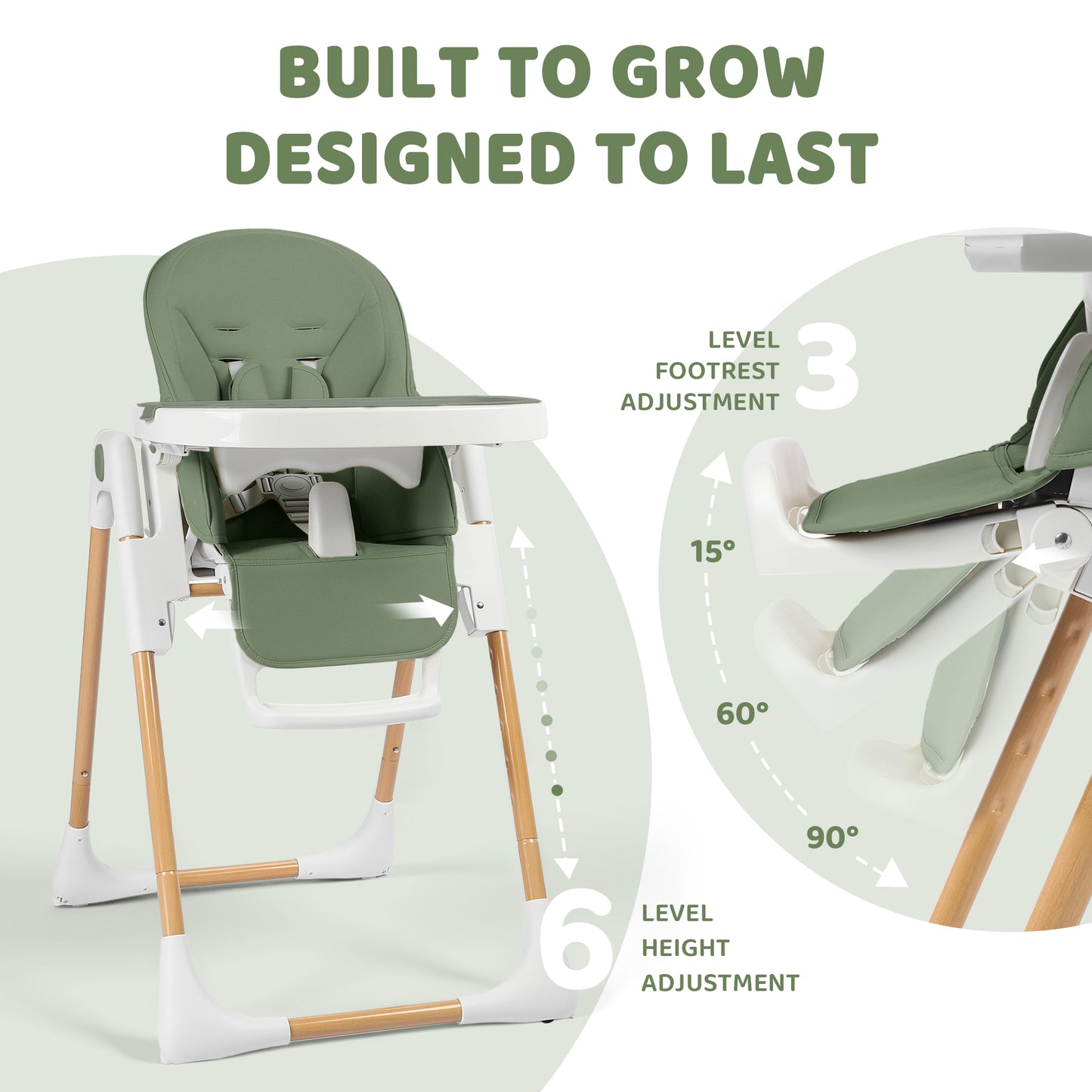 AILEEKISS Foldable High Chair for Baby, Toddler Eating Chair with Detachable Double Trays, Natural Green