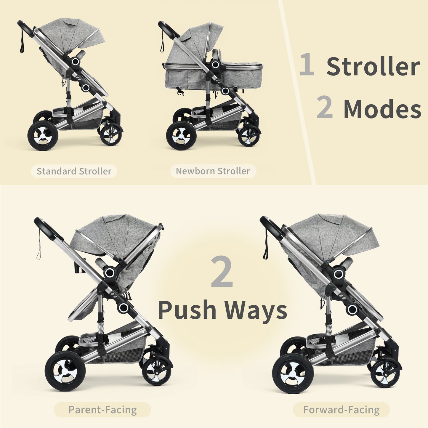 AILEEKISS 3 in 1 Convertible Baby Stroller, Unisex Folding Newborn Stroller with Big Seat, Dark Grey