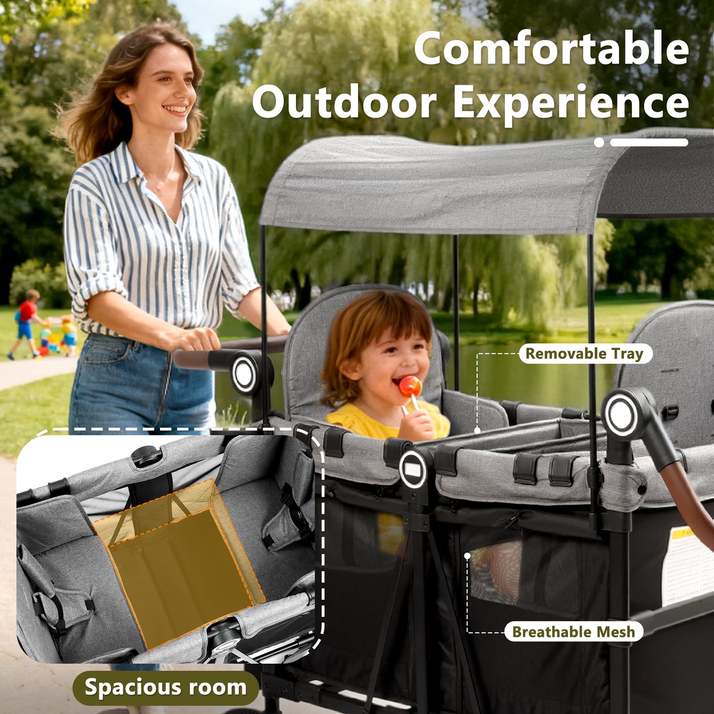 LINLUX 2 Kids Wagon Stroller, Foldable Outdoor 2-Seat Stroller Wagon, Removable Canopy, 55 Pound, Black