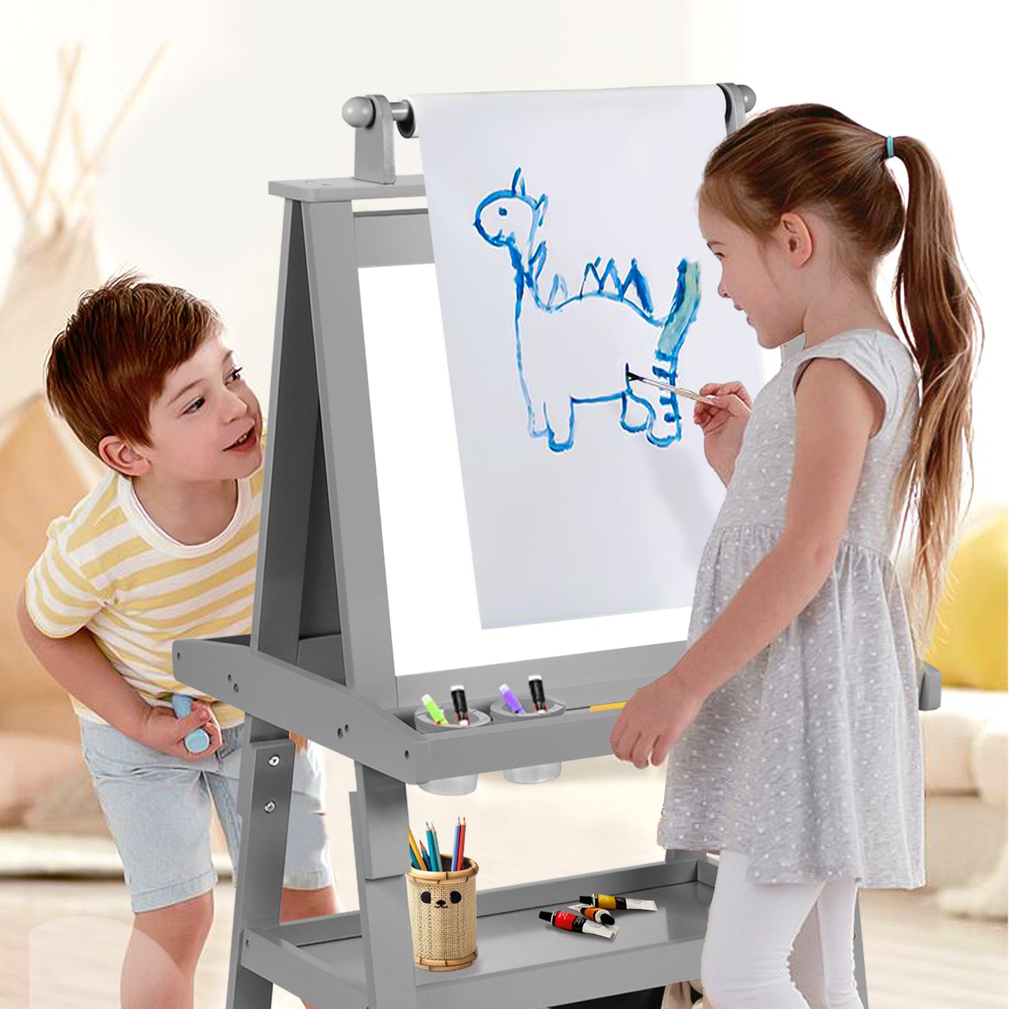 3 in 1 Kids Art Easel Double-Sided Magnetic Whiteboard Chalkboard Paper Roller, Grey