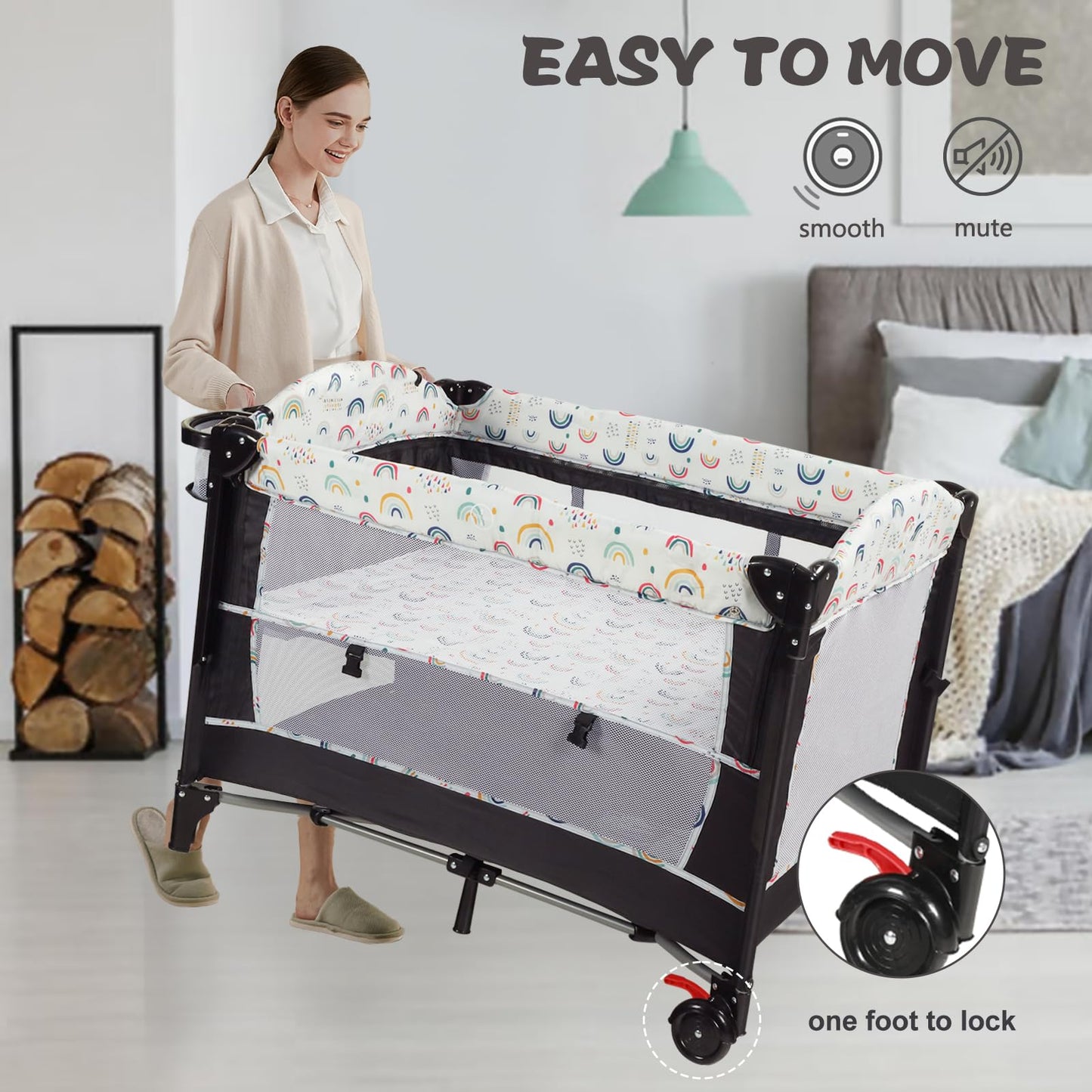LINLUX Foldable Baby Bedside Crib Bassinet, Infant Pack and Play Playard, Newborn Playpen Changing Table, Multicolor
