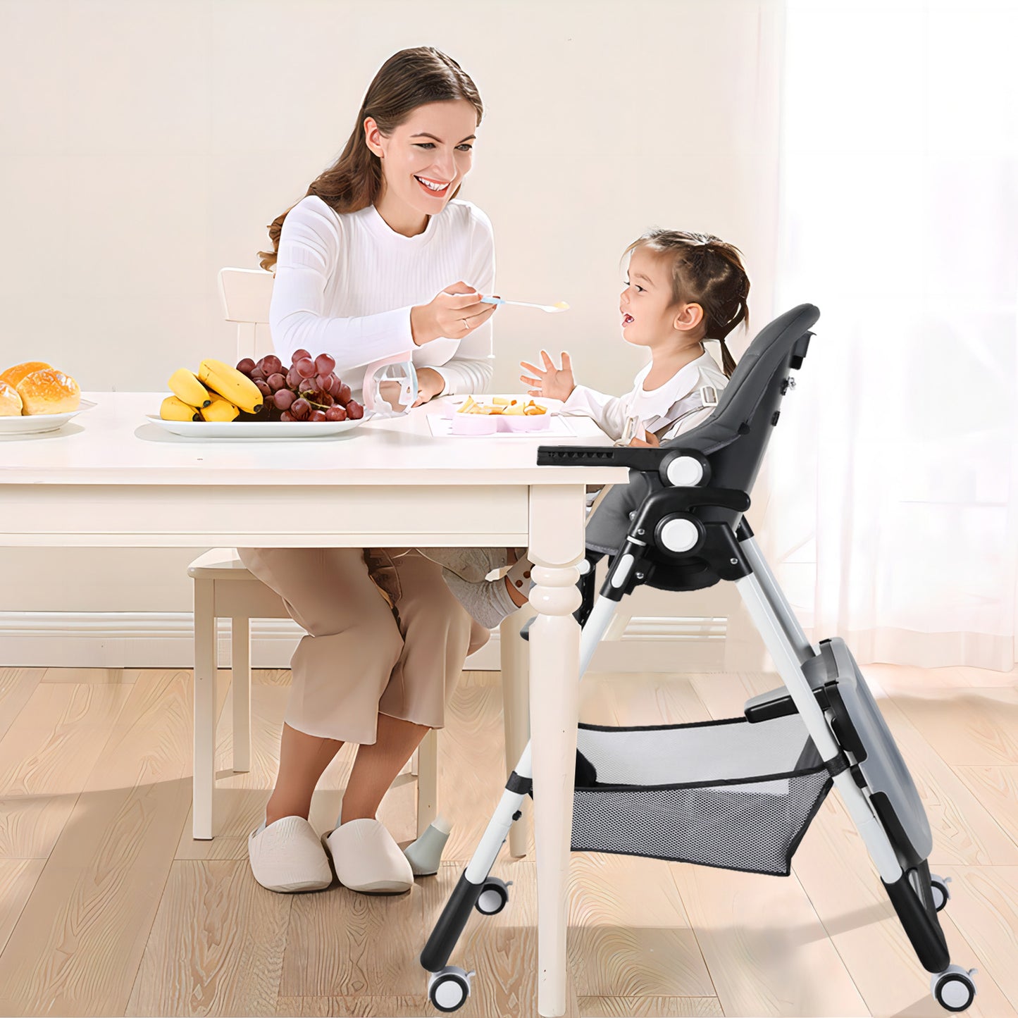 Foldable Baby High Chair with Wheels Adjustable Height Recline for Babies & Toddlers, Grey
