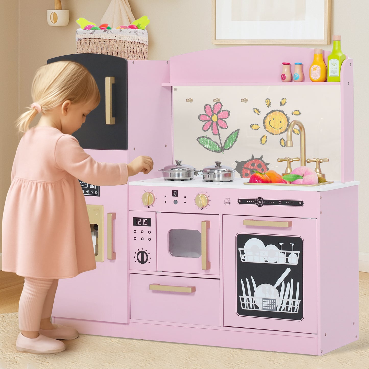 AILEEKISS Wood Kids Play Kitchen, Pretend Kitchen Playset for Children Age 3 Years up, Pink