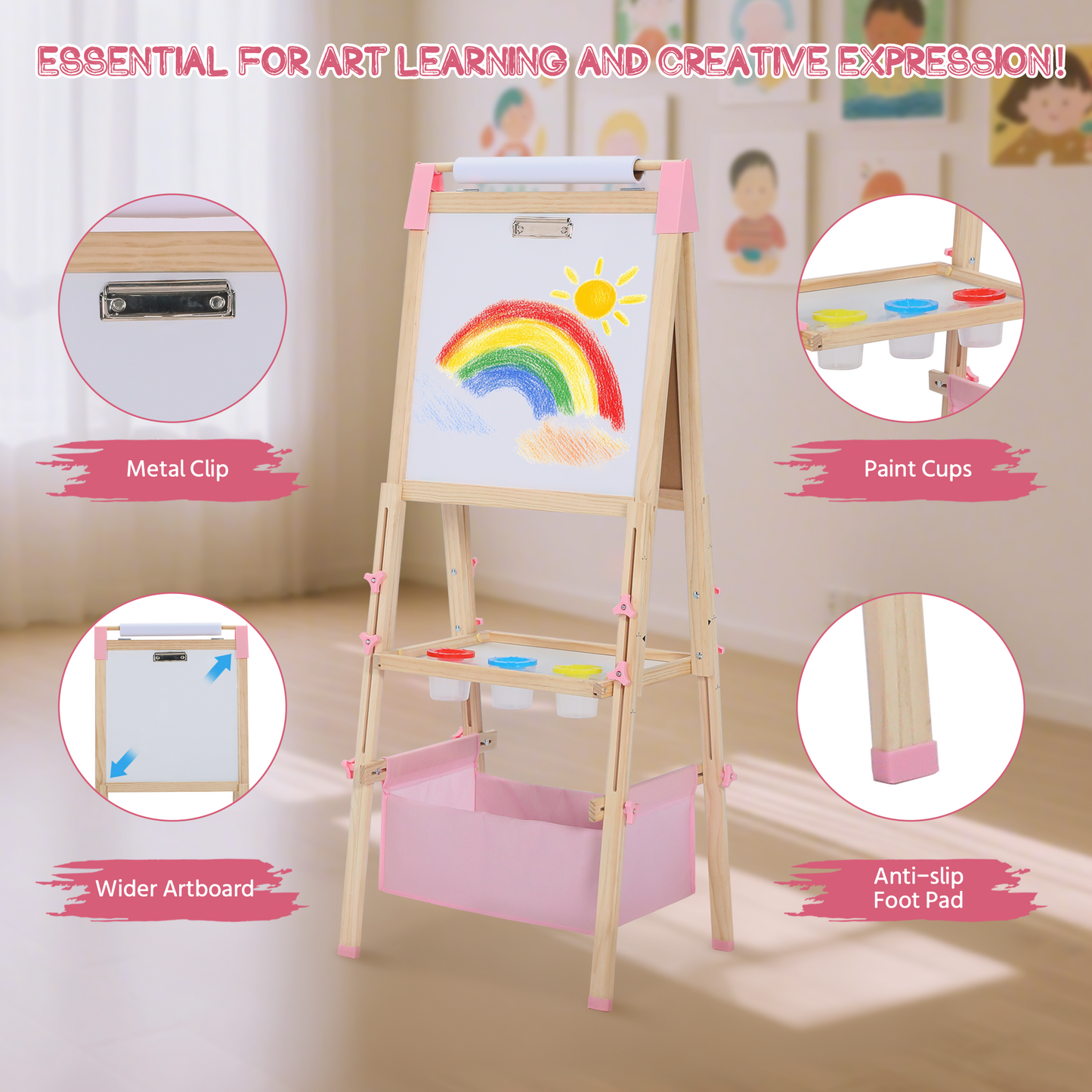 AILEEKISS Kids Art Easel Double-Sided Art Easel with Whiteboard and Chalkboard for Painting Pink