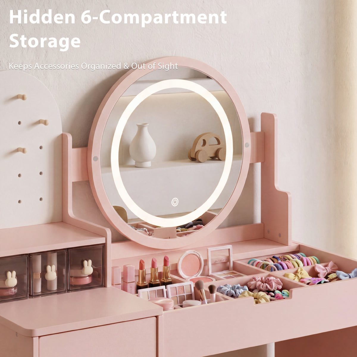 AILEEKISS Vanity Table Set with Drawers, Pretend Play Makeup Table with Storage Shelf, Pink
