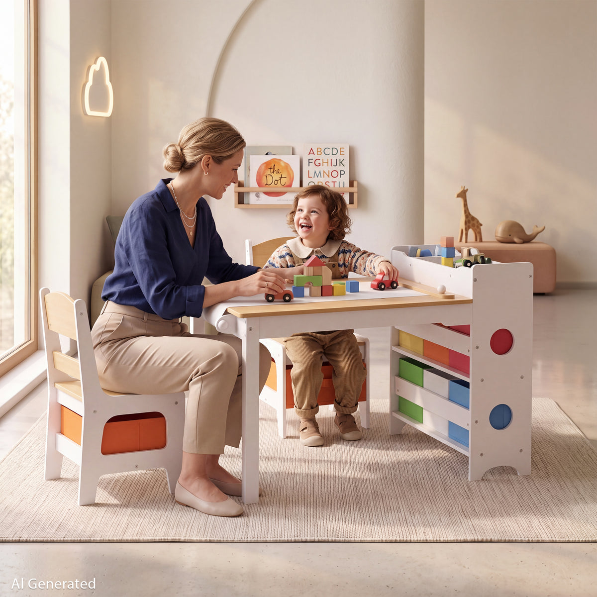 AILEEKISS Kids Table and Chair Set,Children Play Activity Desk for Drawing with 6 Drawers, Natural