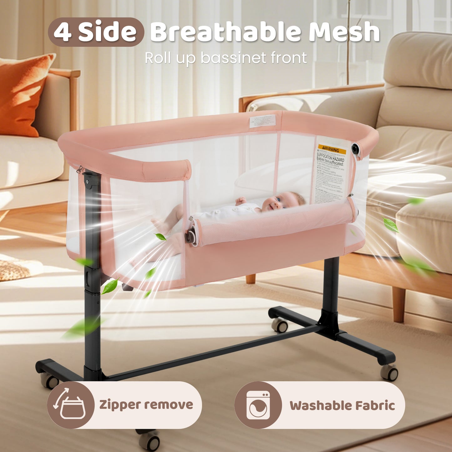 AILEEKISS Baby Bassinet Bedside Sleeper, Height Adjustable Newborn Baby Bassinet with Wheels, Pink