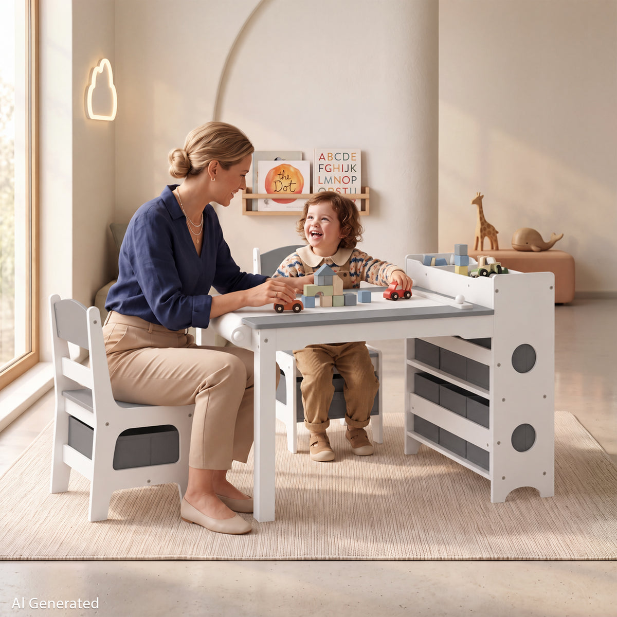 AILEEKISS Kids Table and Chair Set,Children Play Activity Desk for Drawing with 6 Drawers, Grey