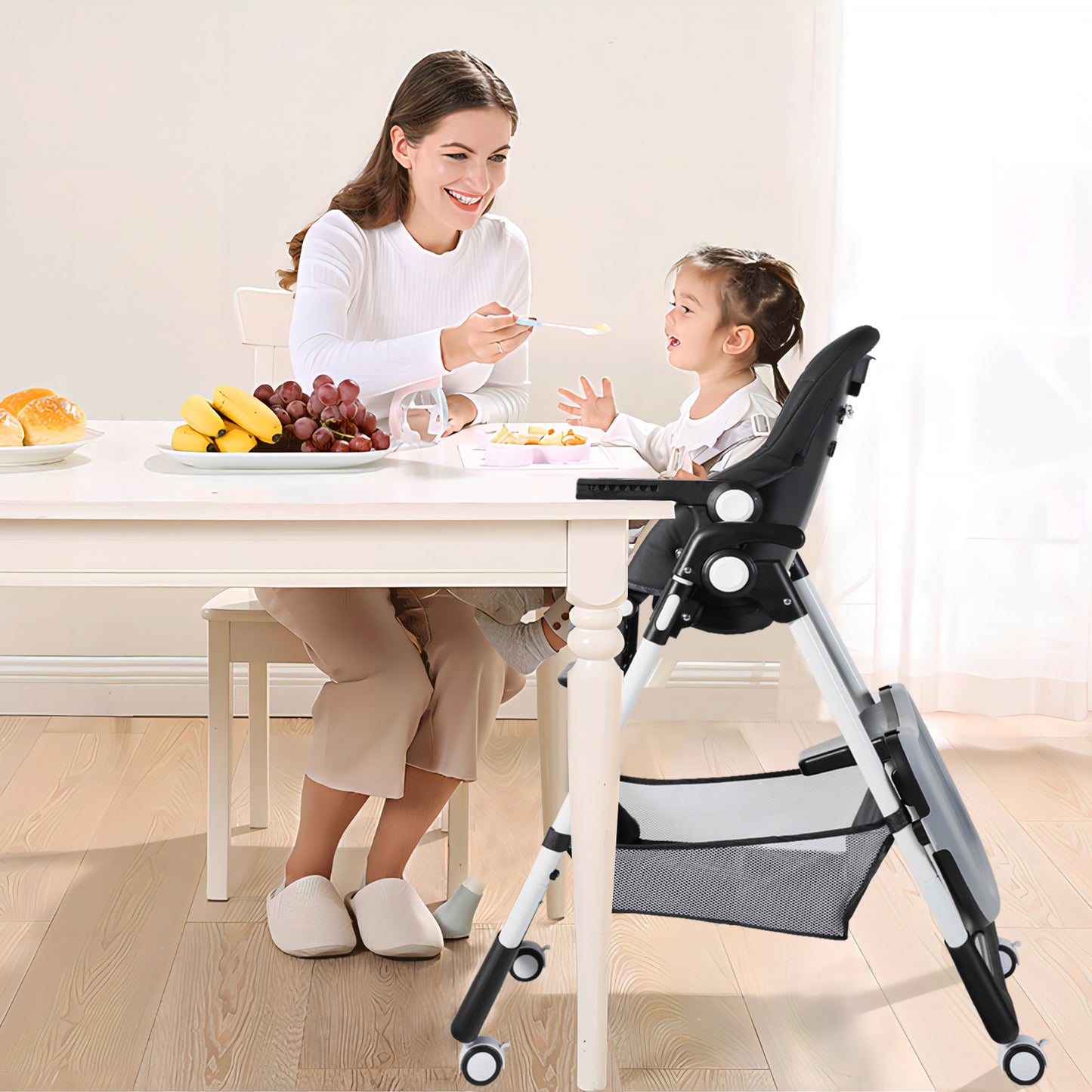 Foldable Baby High Chair with Wheels Adjustable Height Recline for Babies & Toddlers, Black