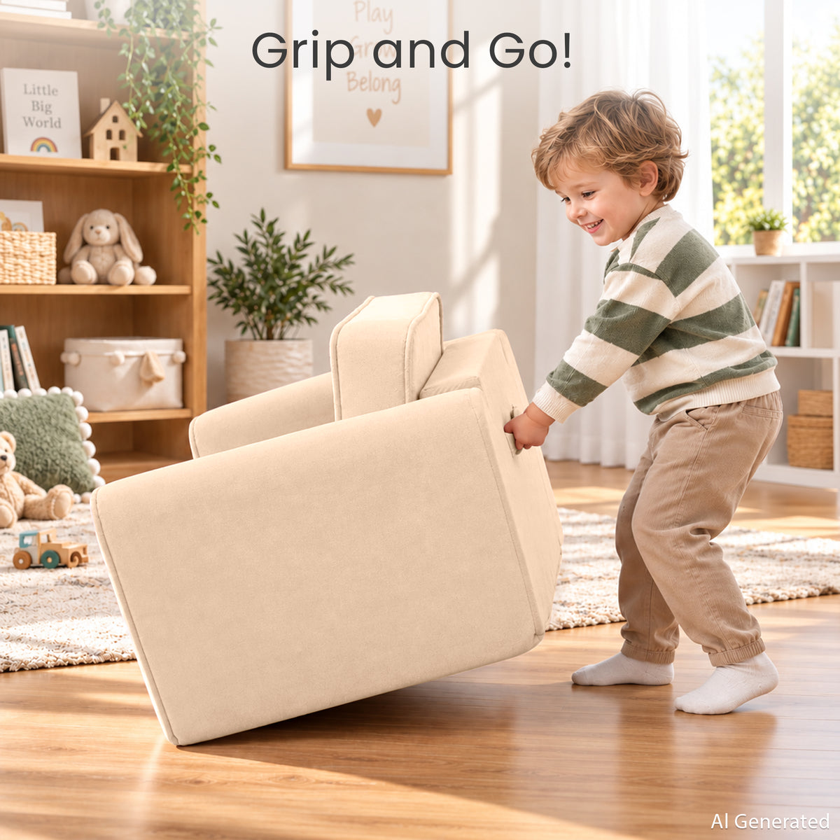 AILEEKISS 2-in-1 Toddler Sofa Chair, Foldable Kids Couch Flip Open Bed for Playroom, Beige
