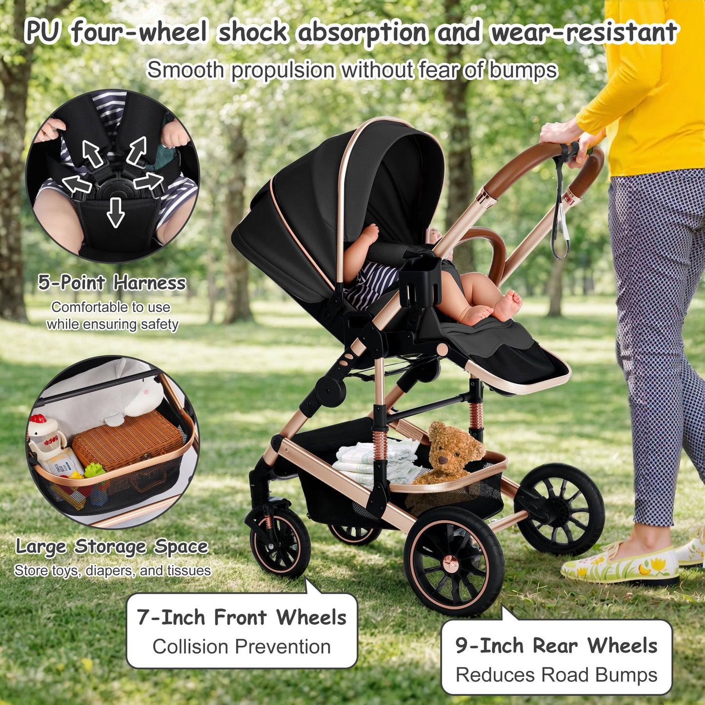 AILEEKISS 2-in-1 Baby Stroller with Adjustable Seat, Foldable Stroller for Toddler, 26 Pounds, Black
