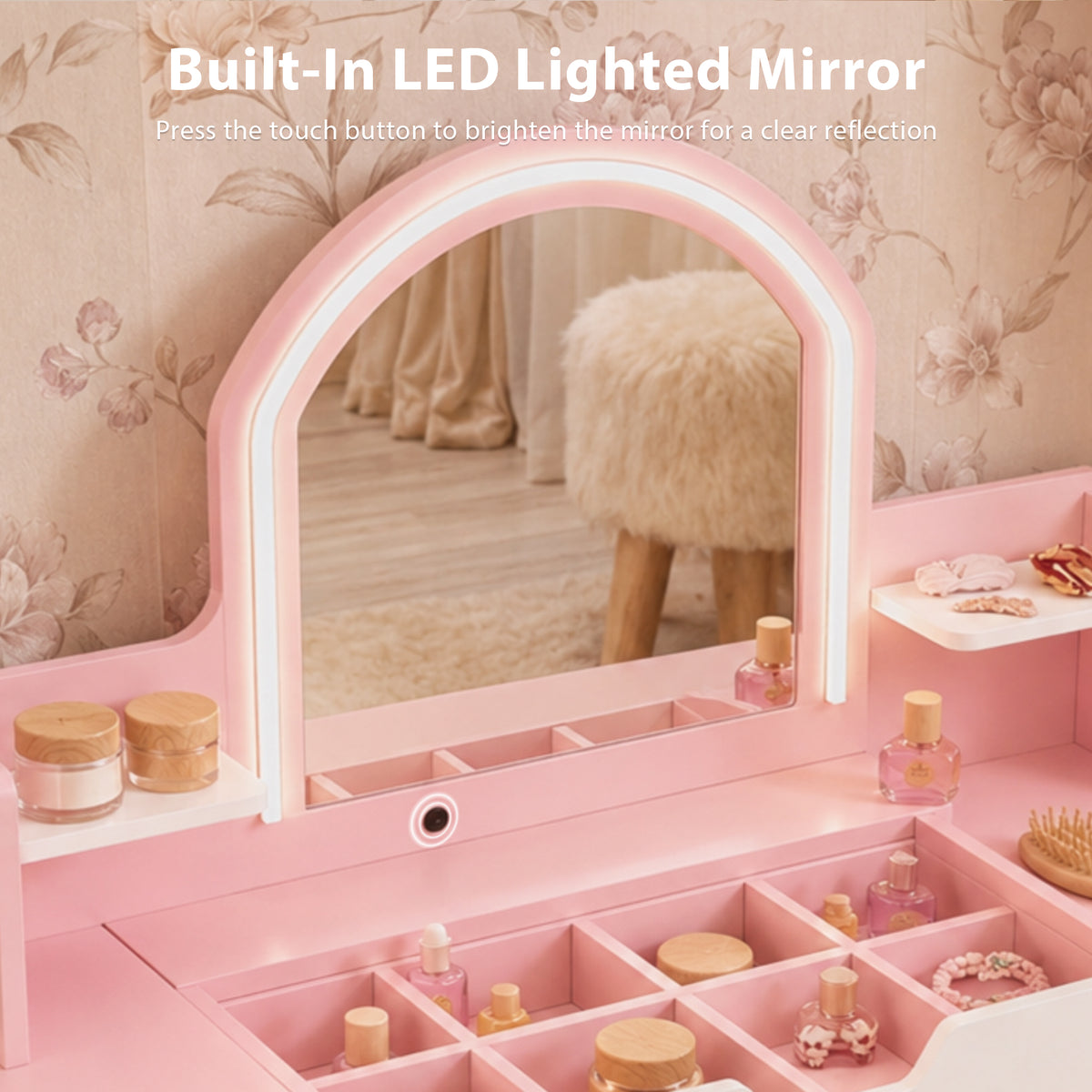 AILEEKISS Vanity Table Set with Flip Desktop, Pretend Play Makeup Table with Drawers, Pink