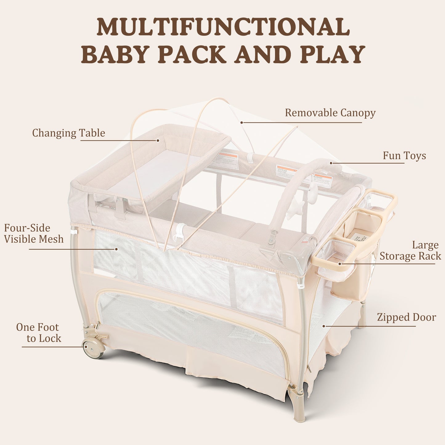 AILEEKISS 3-in-1 Baby Playard with Changing Table & Toy Bar, Portable Pack and Play for Newborn, Beige