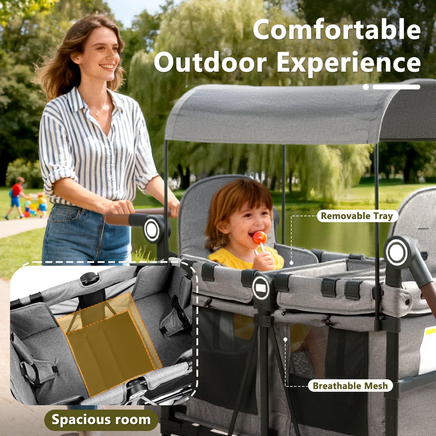 LINLUX 2 Kids Wagon Stroller, Foldable Outdoor 2-Seat Stroller Wagon, Removable Canopy, 55 Pound, Gray