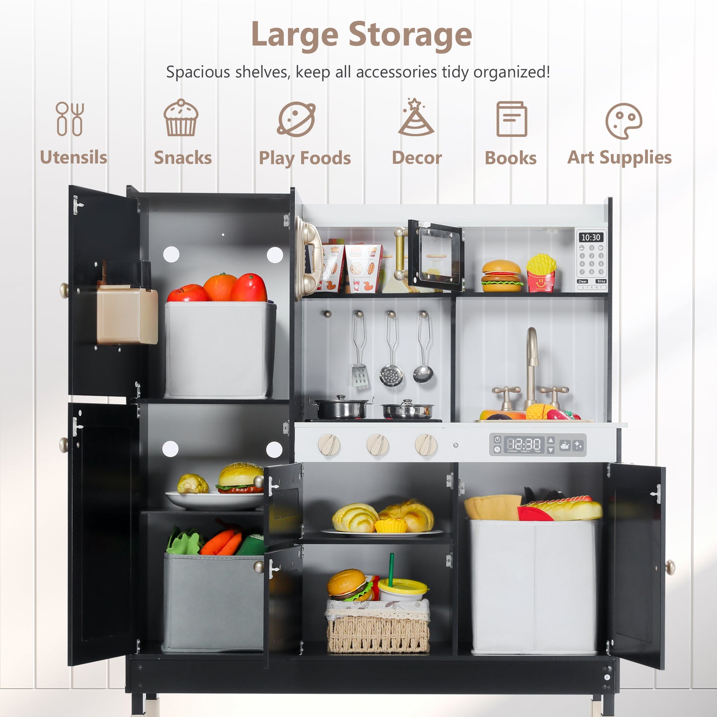 LINLUX Wooden Kids Play Kitchen, Toy Kitchen Playset For Toddler, Realistic Kitchen Sets Baby, Black