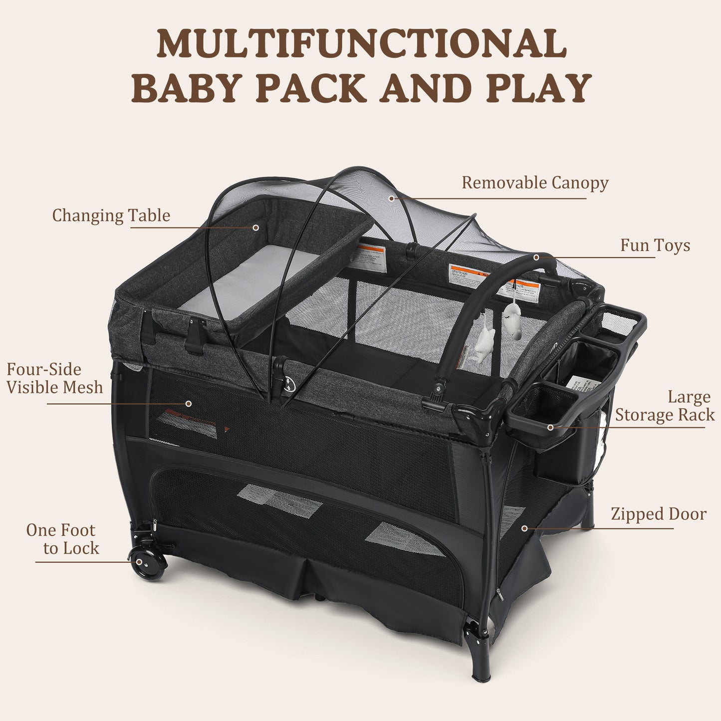 AILEEKISS 3-in-1 Baby Playard with Changing Table & Toy Bar, Portable Pack and Play for Newborn, Dark Grey