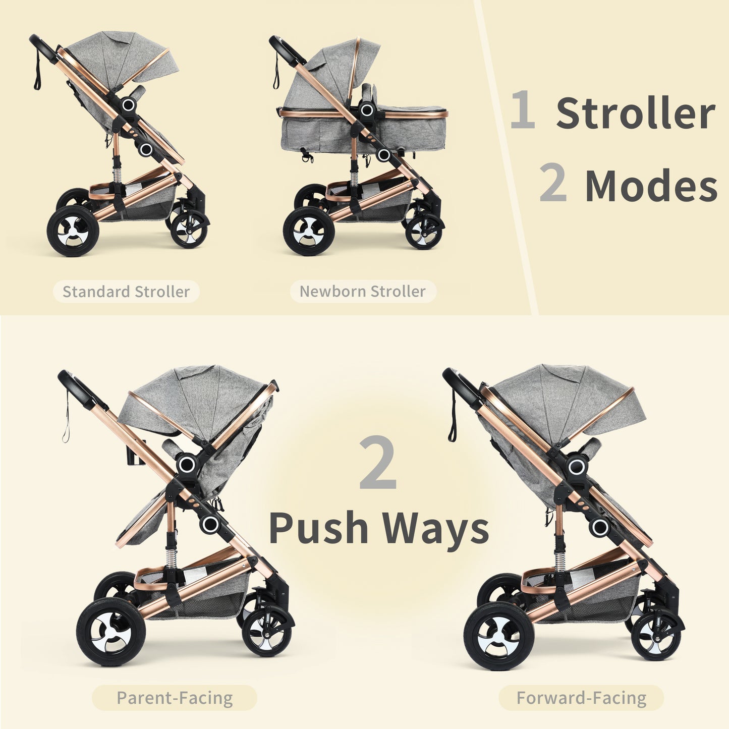 AILEEKISS 3 in 1 Convertible Baby Stroller, Unisex Folding Newborn Stroller with Big Seat, Rose Gold