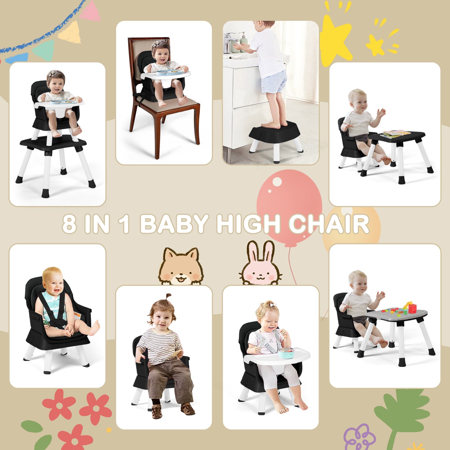 8 in 1 Baby High Chair,Toddler Dining Booster Seat/Kids Table & Chair Set/Building Block Table, Black