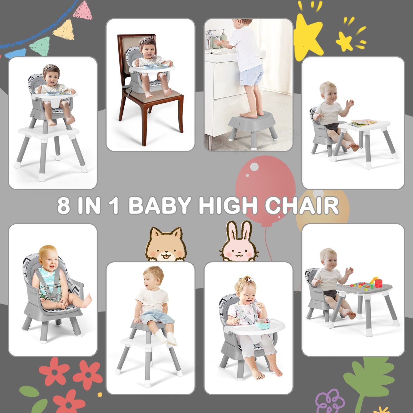 8 in 1 Baby High Chair, Toddler Dining Booster Seat for Eating, Chevron