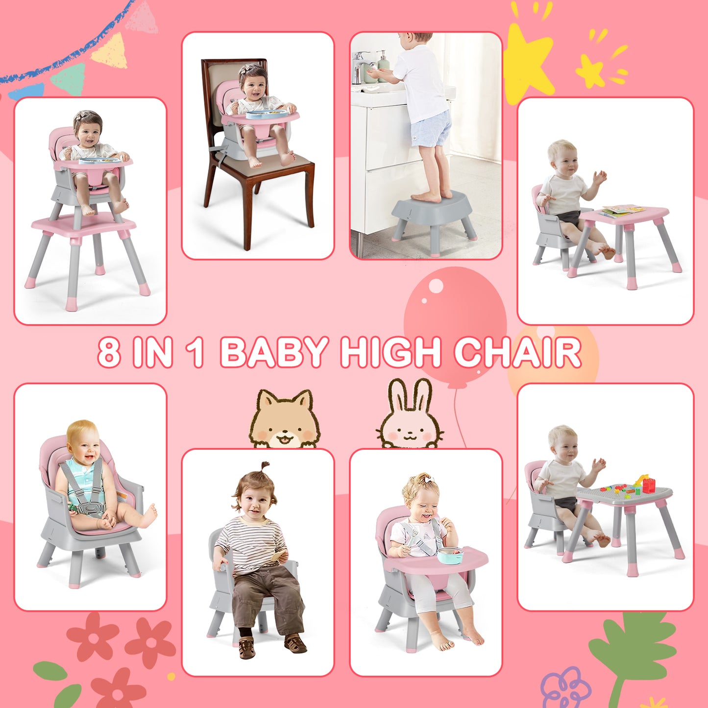 8 in 1 Baby High Chair, Toddler Dining Booster Seat/Kids Table & Chair Set/Building Block Table/Kids Stool, Pink