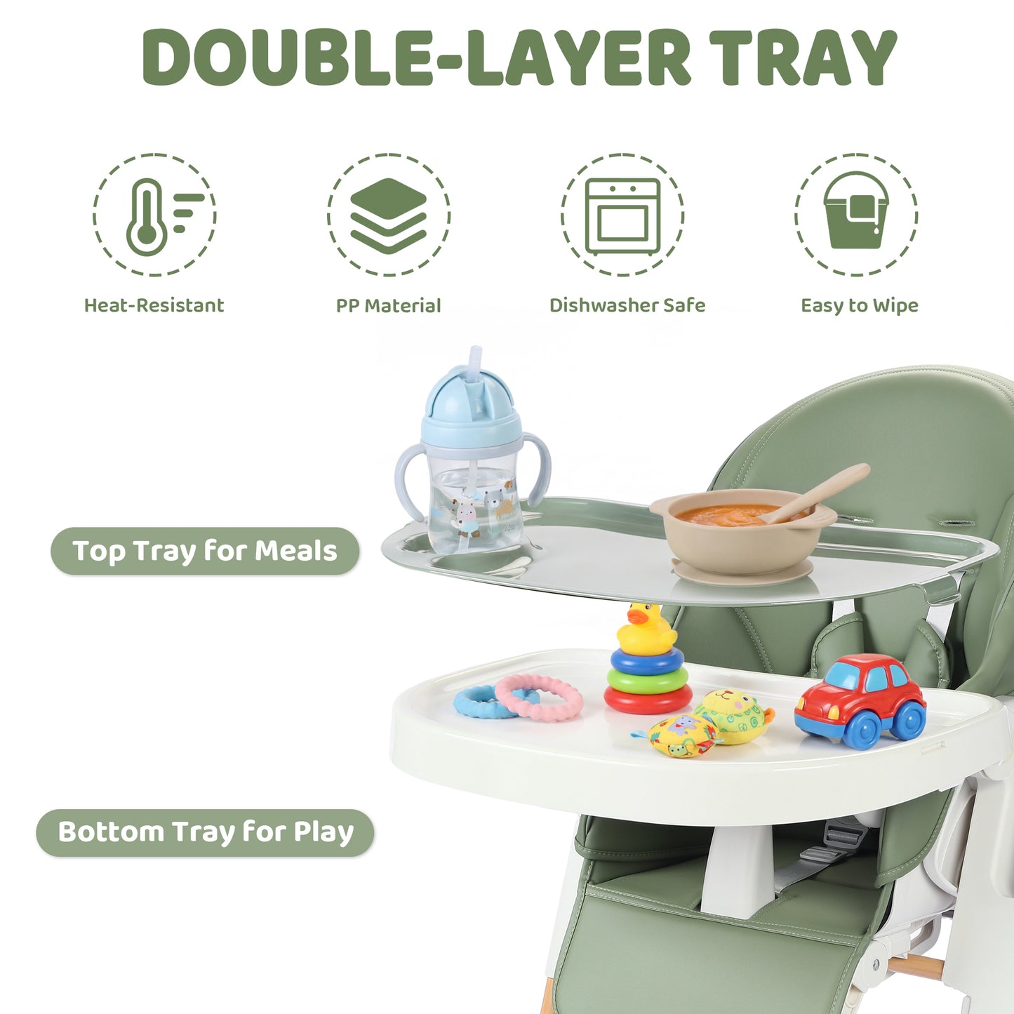 AILEEKISS Foldable High Chair for Baby, Toddler Eating Chair with Detachable Double Trays, Natural Green
