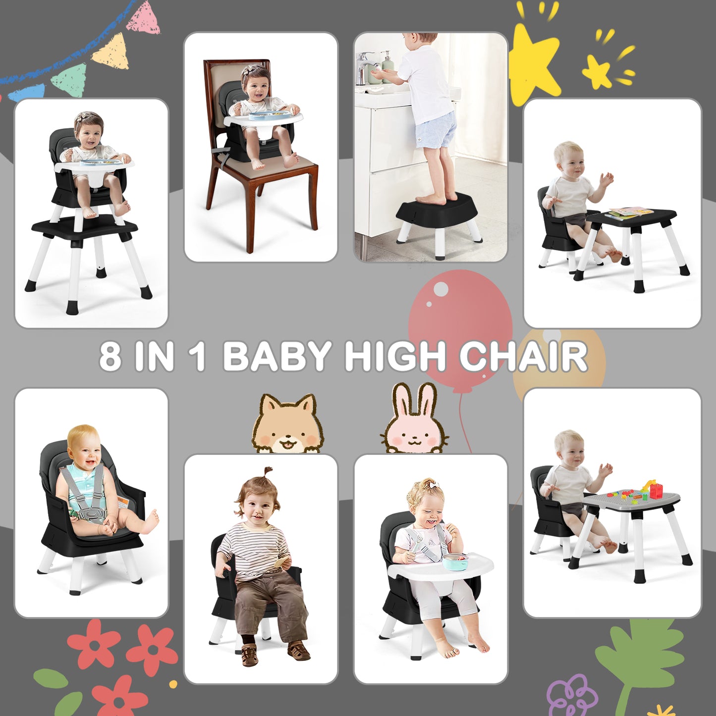 8 in 1 Baby High Chair, Toddler Dining Booster Seat/Kids Table & Chair Set/Building Block Table/Kids Stool, Grey