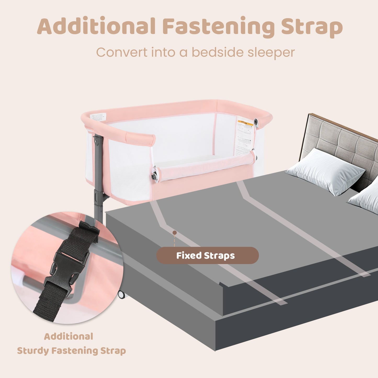 AILEEKISS Baby Bassinet Bedside Sleeper, Height Adjustable Newborn Baby Bassinet with Wheels, Pink