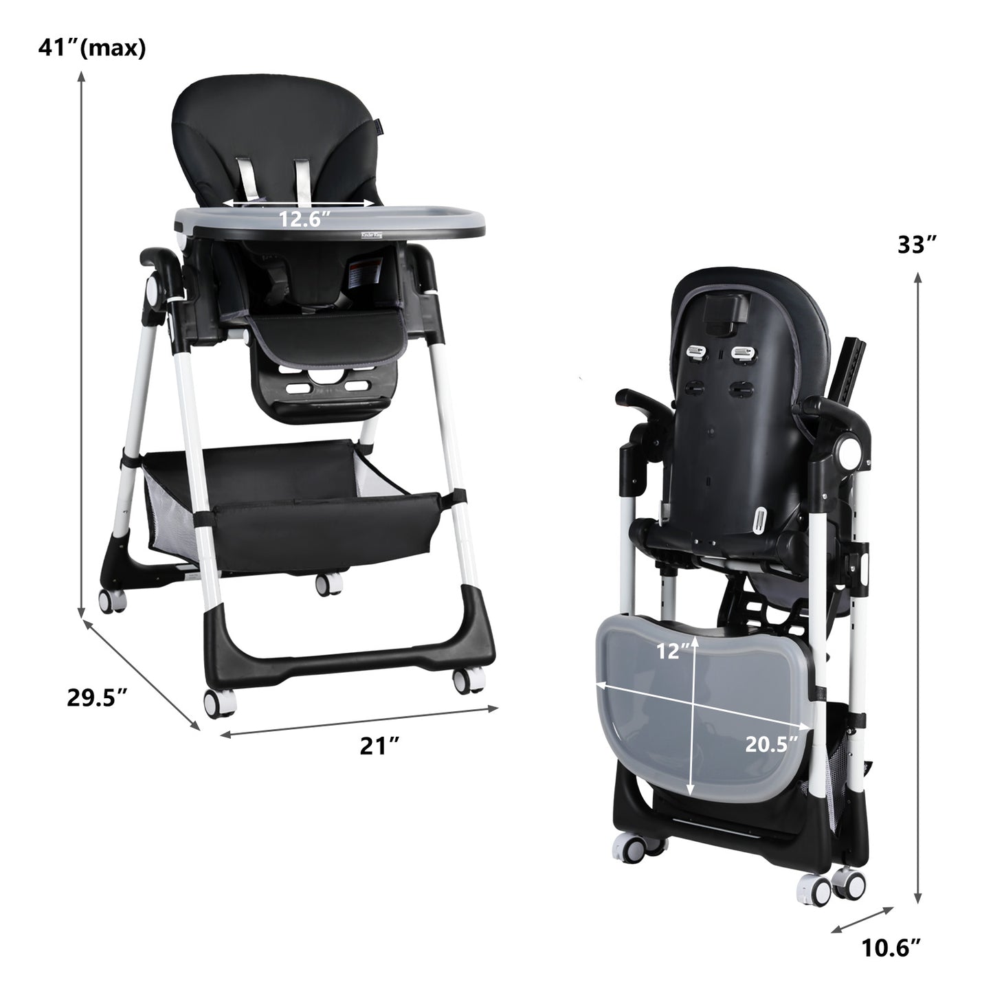 Foldable Baby High Chair with Wheels Adjustable Height Recline for Babies & Toddlers, Black