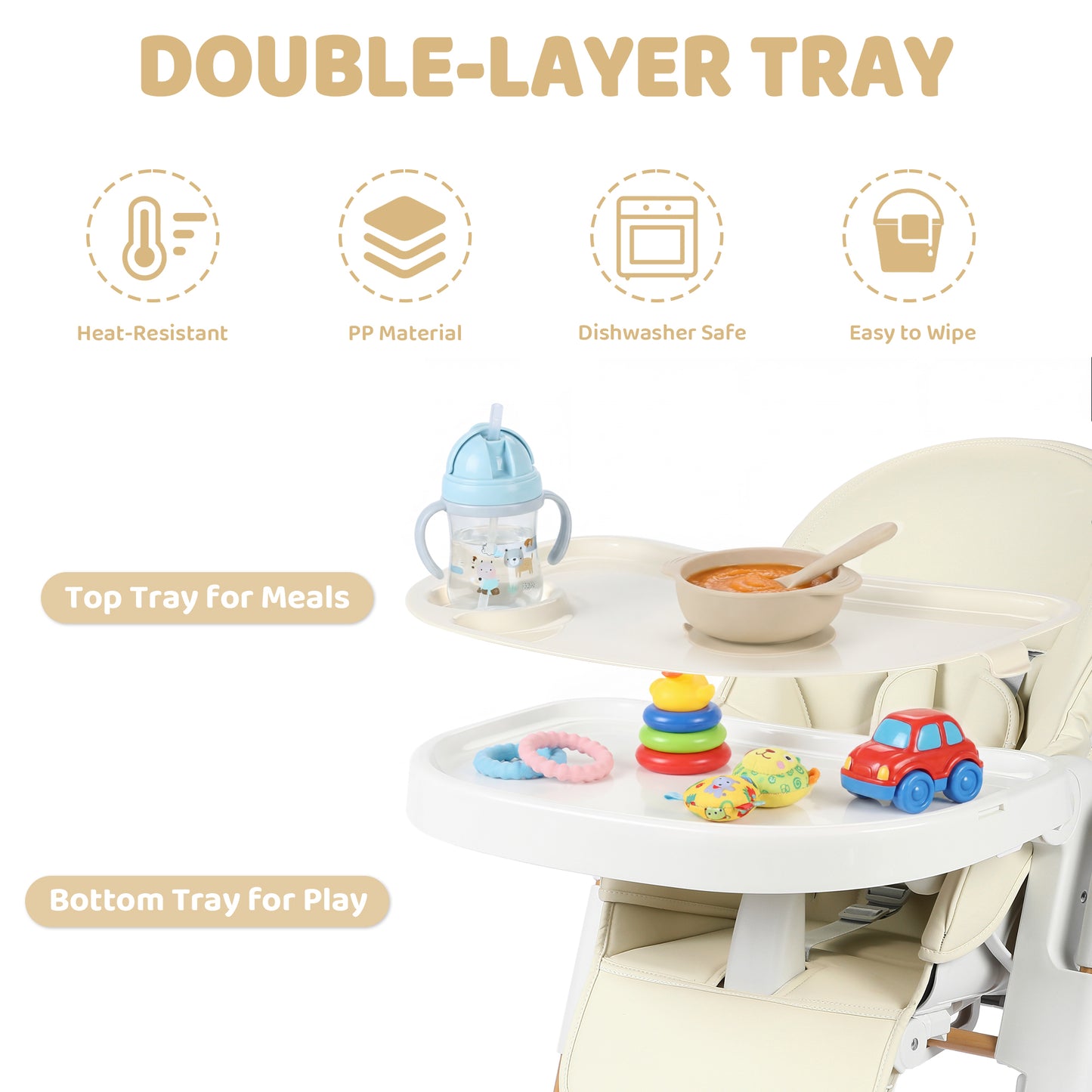 AILEEKISS Foldable High Chair for Baby, Toddler Eating Chair with Detachable Double Trays, Natural Beige