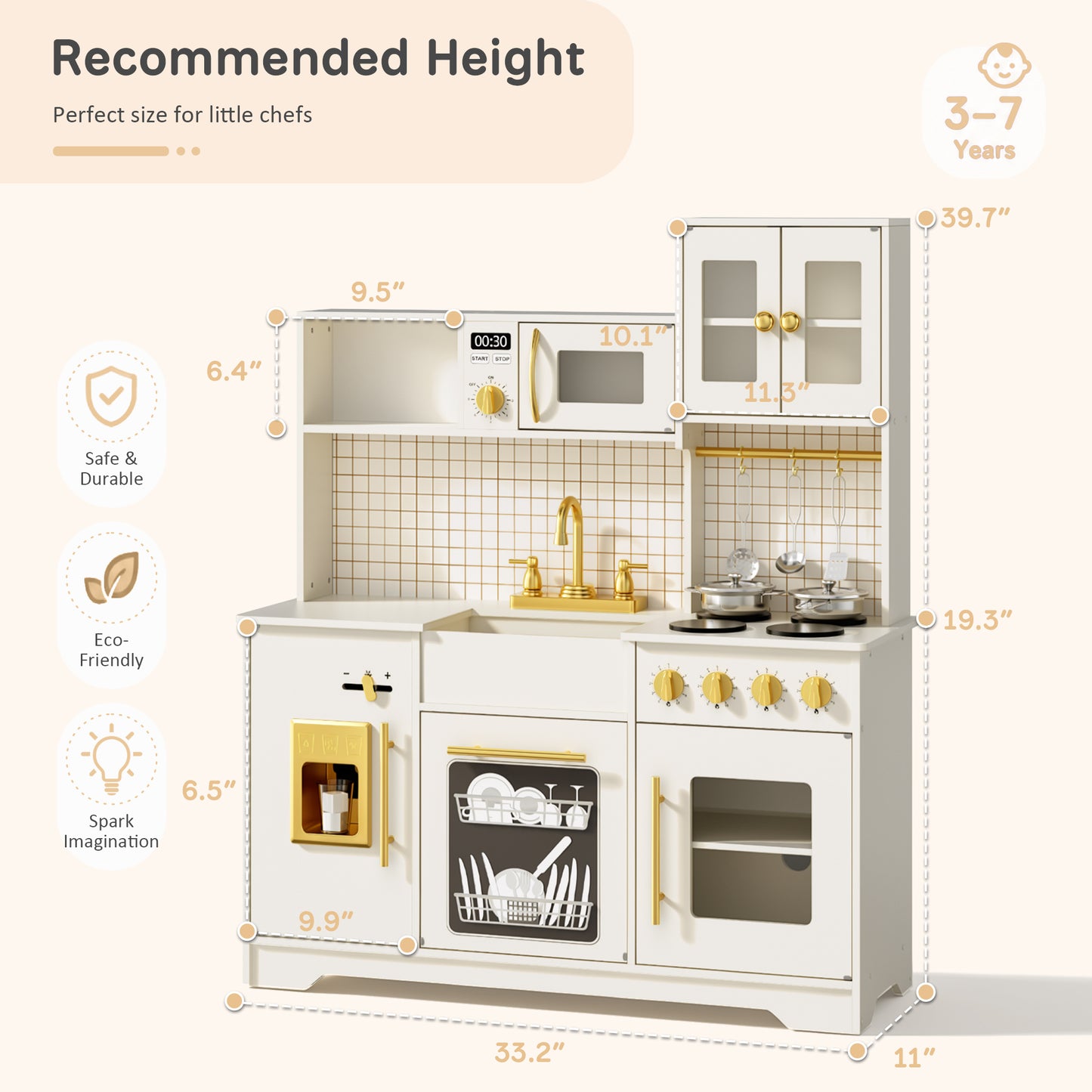 AILEEKISS Kids Kitchen Playset for Children, Realistic Pretend Kitchen Toy with Ice Maker, Beige