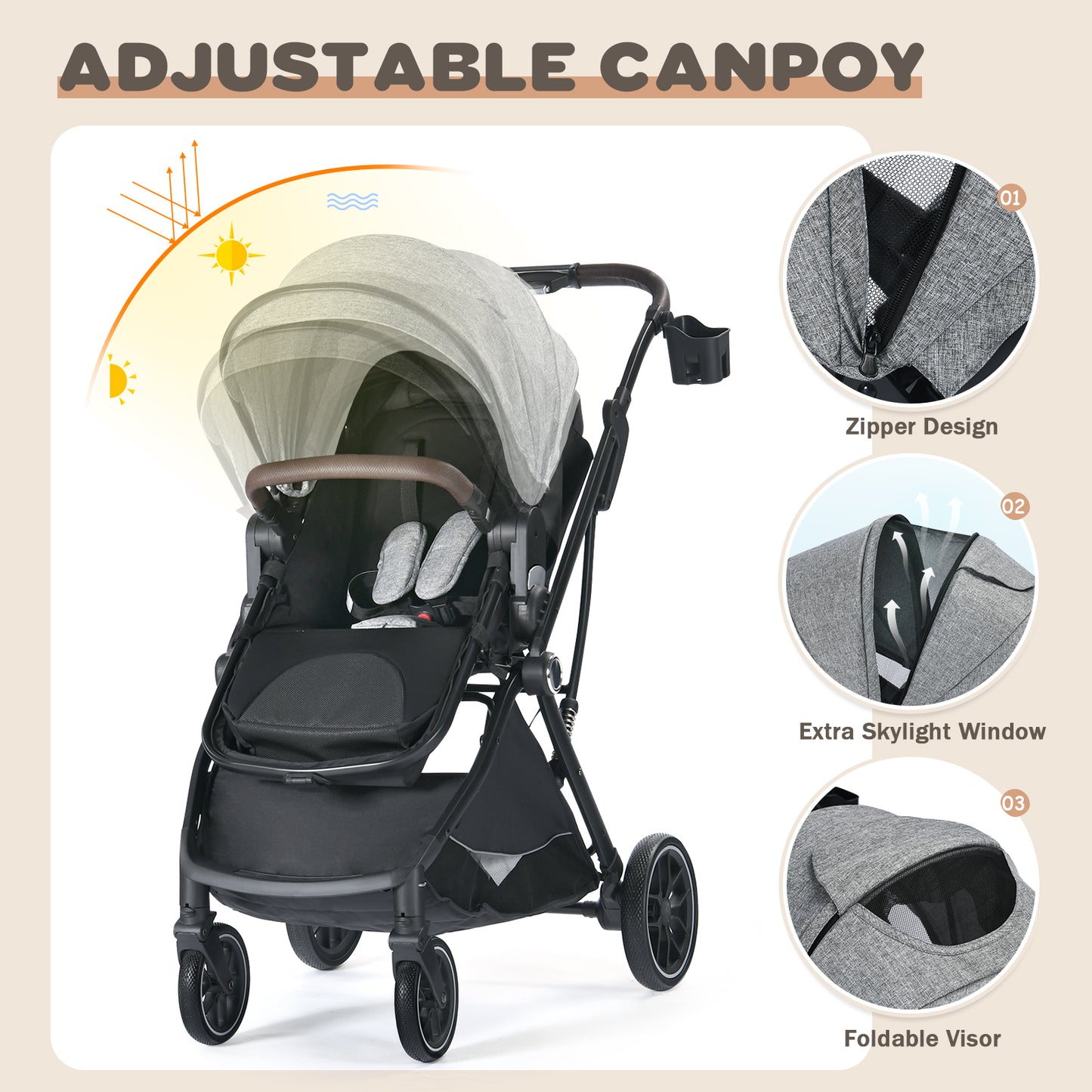 Baby Stroller, 3 in 1 Folding Infant Stroller & Unisex Bassinet Stroller for Newborn, Grey
