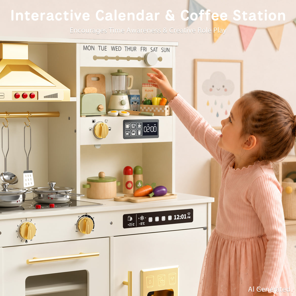 AILEEKISS Kids Toy Kitchen for Children, Pretend Kids Play Kitchen Set with Cooking Accessories, Beige