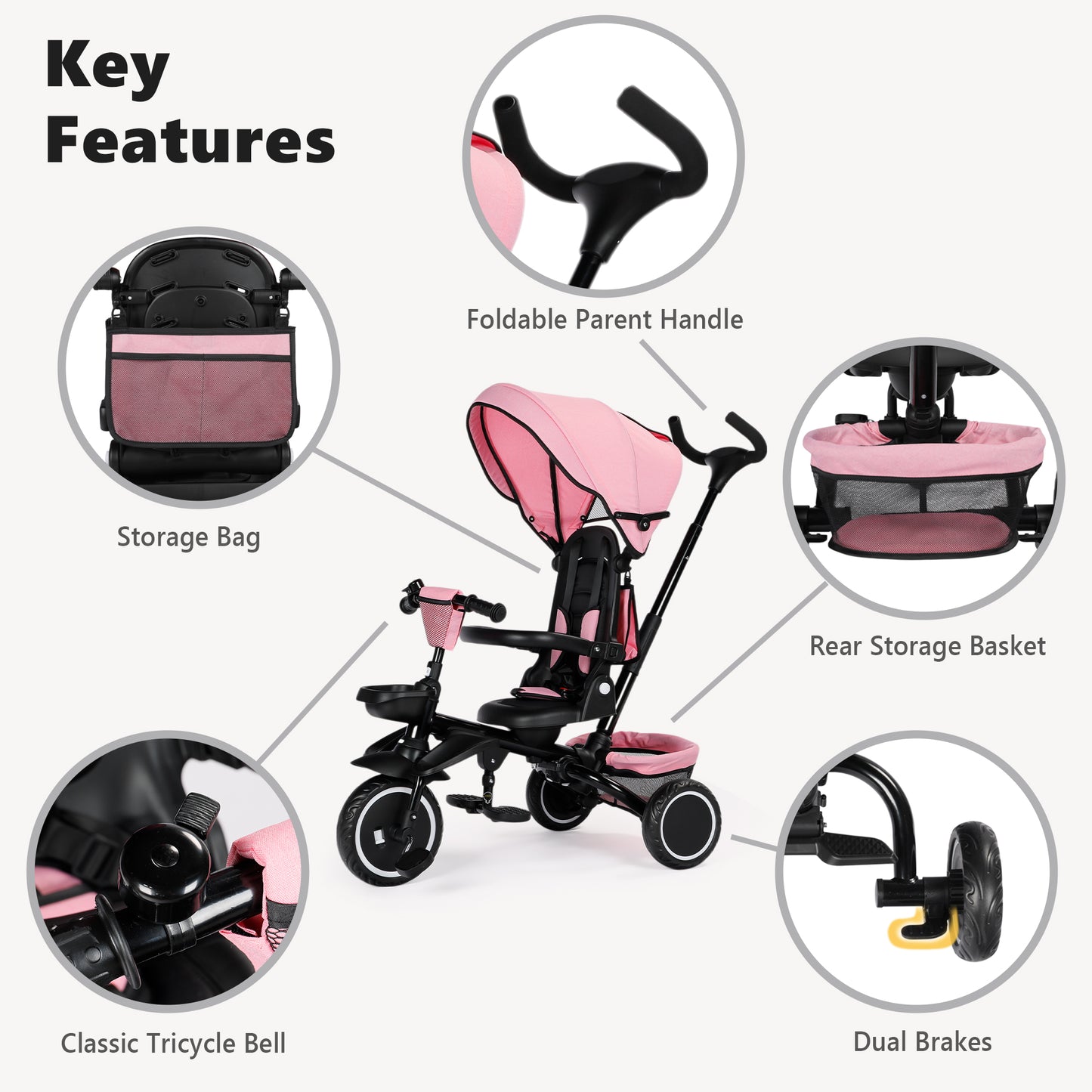AILEEKISS 8-in-1 Kids' Tricycle Stroller, Folding Toddler Bicycle Unisex Ride Trike 1-6 Years, Pink