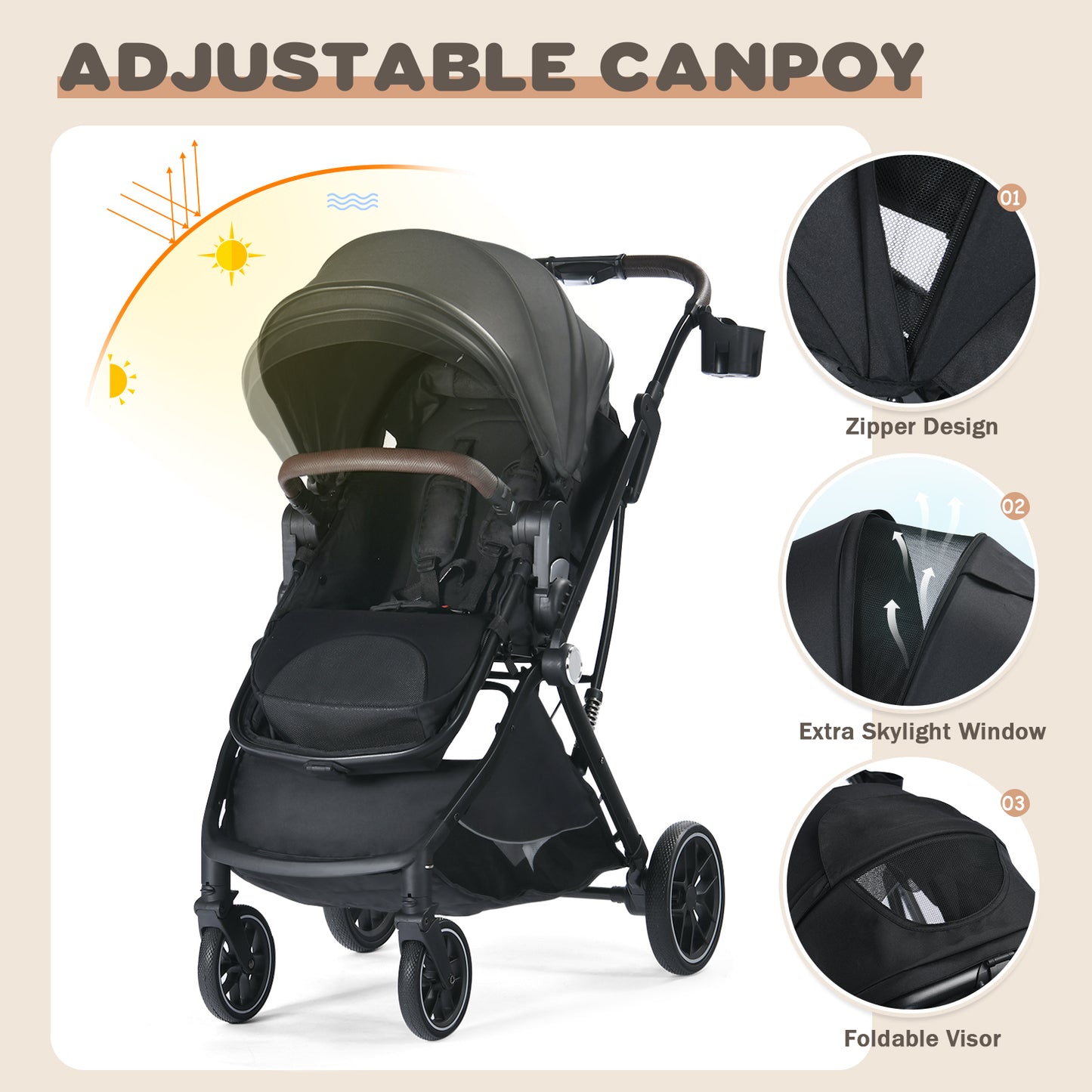 Baby Stroller, 3 in 1 Folding Infant Stroller & Unisex Bassinet Stroller for Newborn, Black