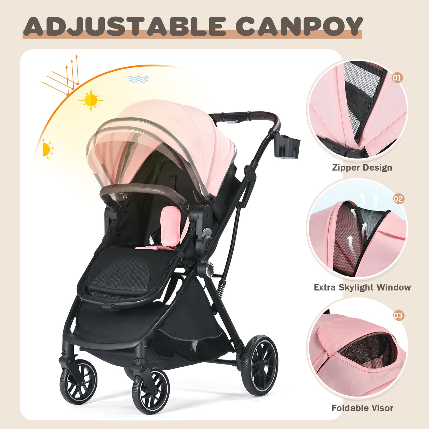 Baby Stroller, 3 in 1 Folding Infant Stroller & Unisex Bassinet Stroller for Newborn, Pink