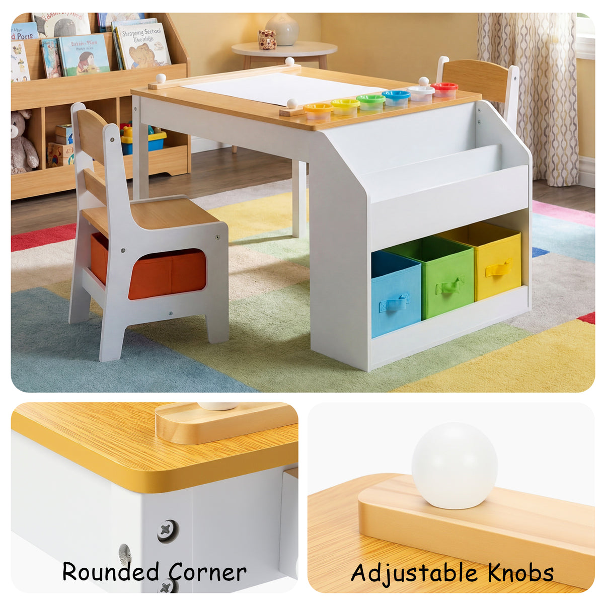 AILEEKISS Kids Table and Chair Set,Children Play Activity Desk for Drawing with 3 Drawers, Natural