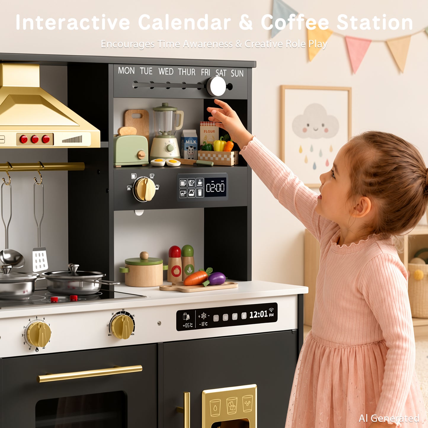 AILEEKISS Kids Toy Kitchen for Children, Pretend Kids Play Kitchen Set with Cooking Accessories, Black