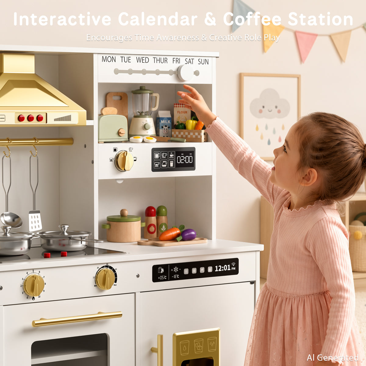 AILEEKISS Kids Toy Kitchen for Children, Pretend Kids Play Kitchen Set with Cooking Accessories, White