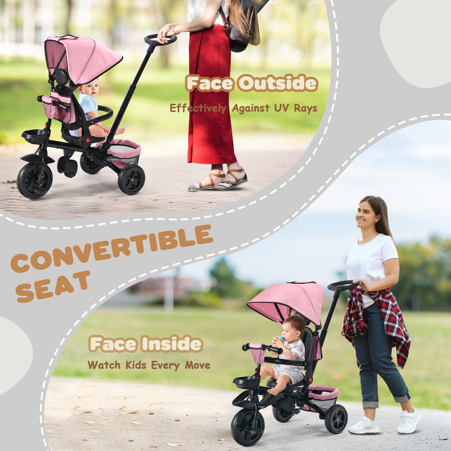 AILEEKISS Folding Kids' Tricycle, 8 IN1 Baby Trike W/Removable Canpoy&Parental Push Rod, Toddler Bike Stroller for Kids 1-5 Years, Pink